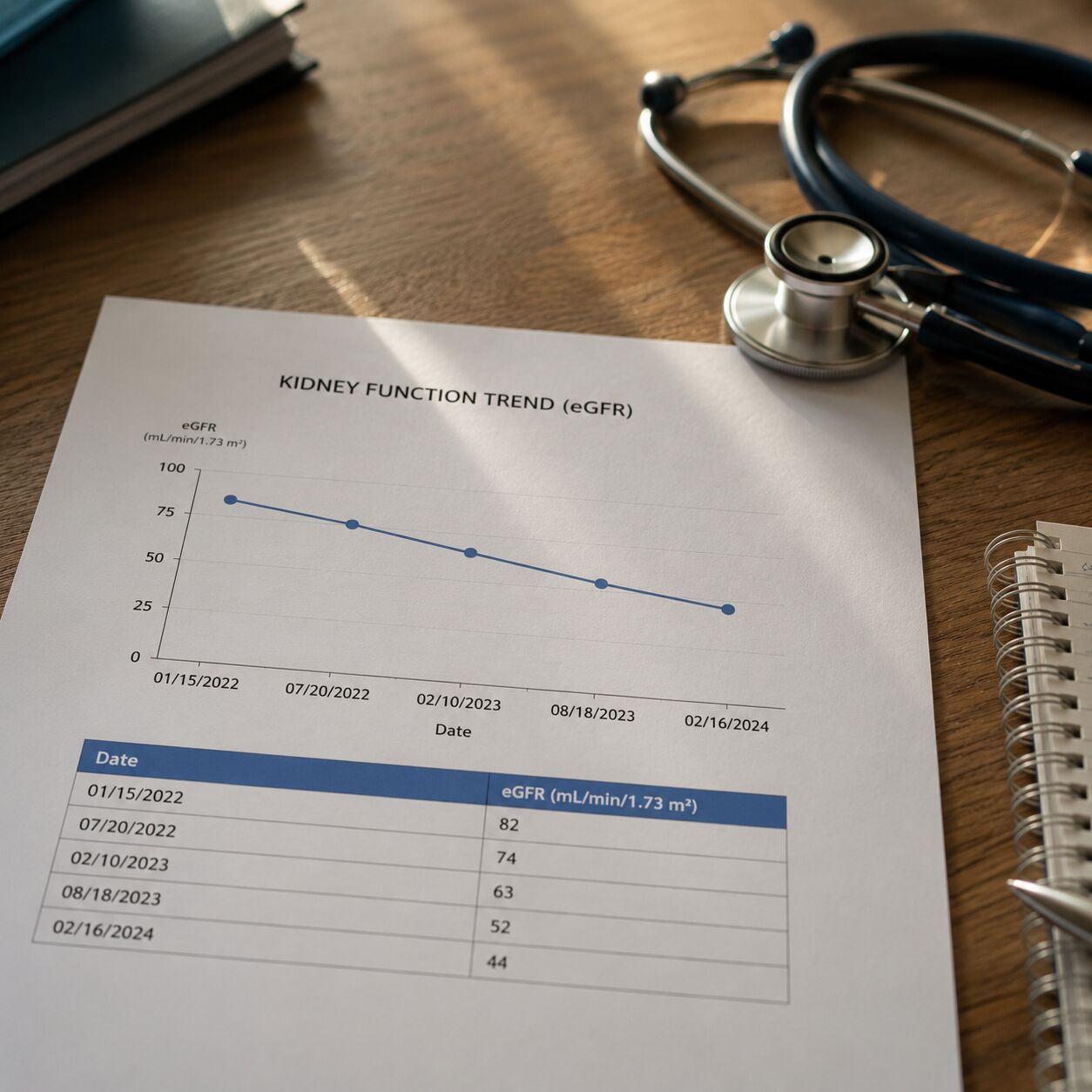 A stethoscope resting beside a printed kidney function trend report on a clinic desk