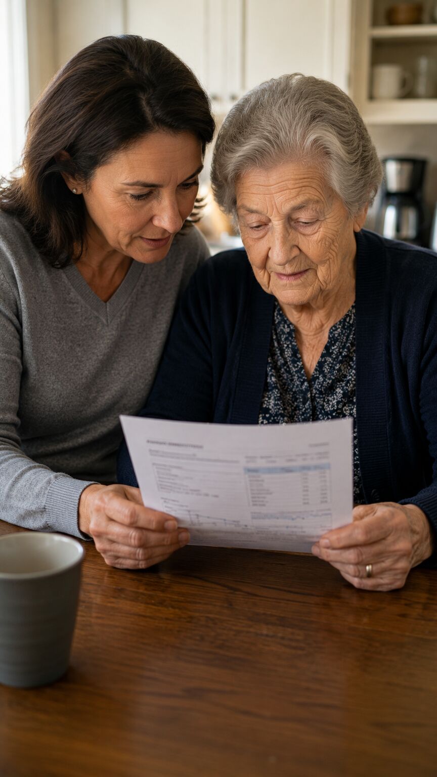 An adult child sitting beside an elderly parent at a kitchen table, both reviewing a printed lab report together