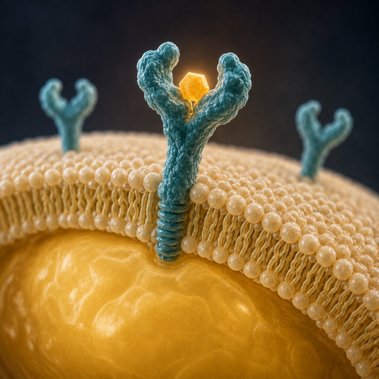 Close-up scientific illustration of an NPR-C clearance receptor on a fat cell surface binding and removing a natriuretic peptide molecule