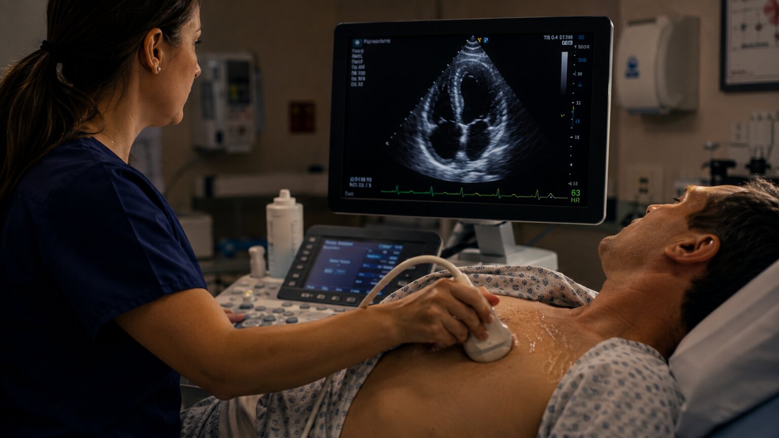 Technician performing a cardiac echocardiogram ultrasound scan on a patient to directly assess heart chamber function