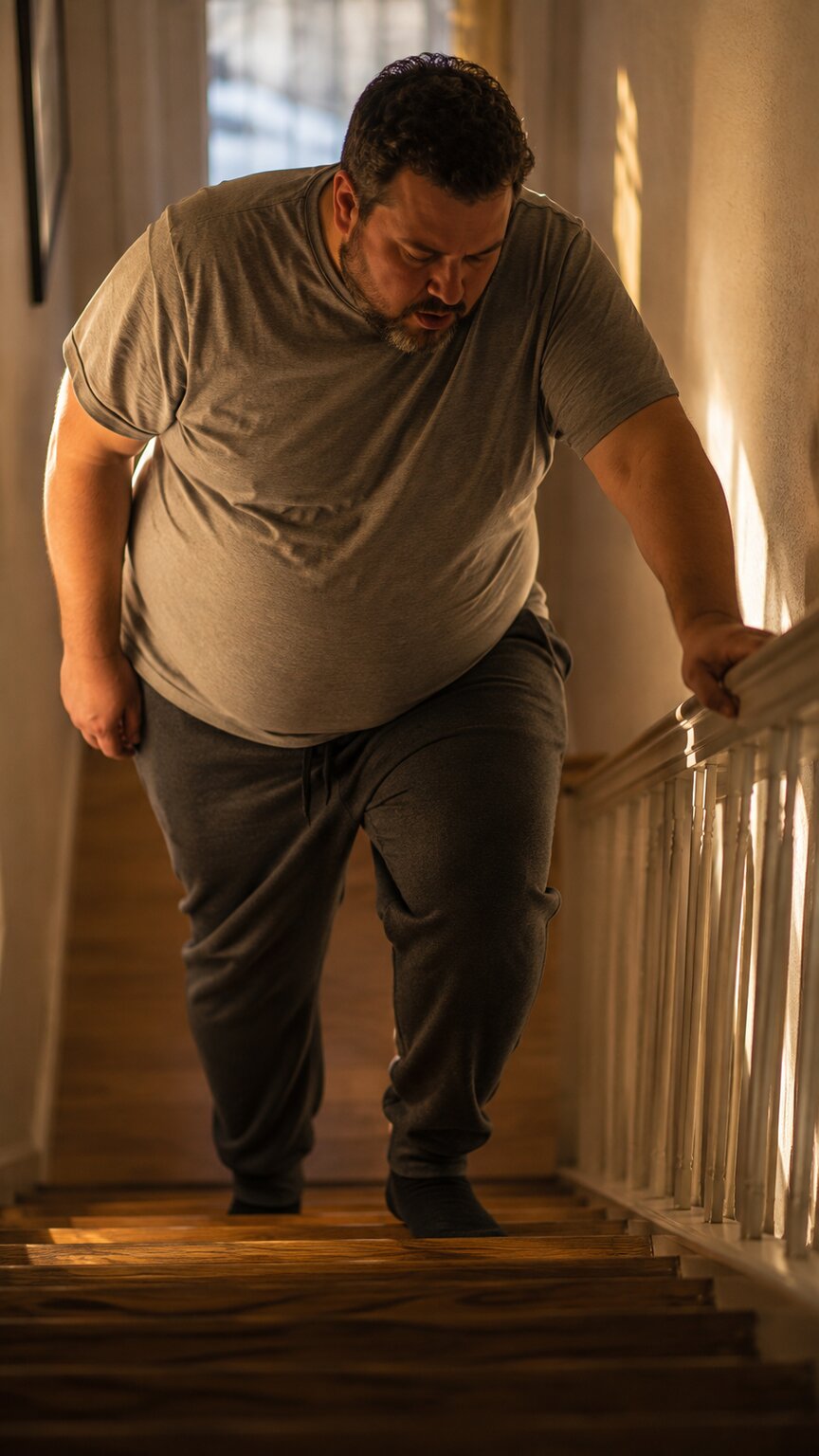 Person pausing midway up a staircase at home, hand on the railing and visibly out of breath from mild exertion