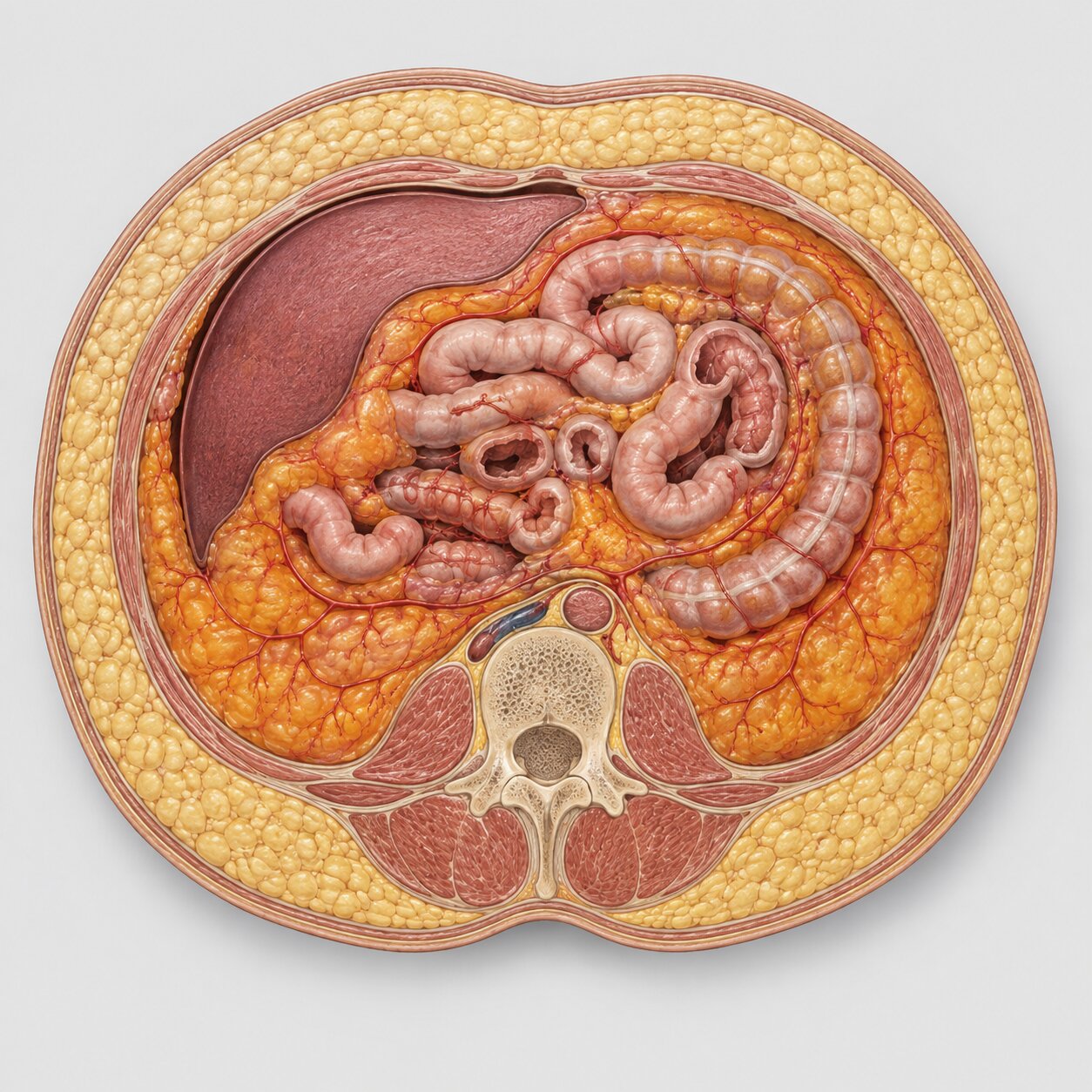 Scientific cross-section illustration of visceral abdominal fat tissue surrounding internal organs, shown in anatomical detail