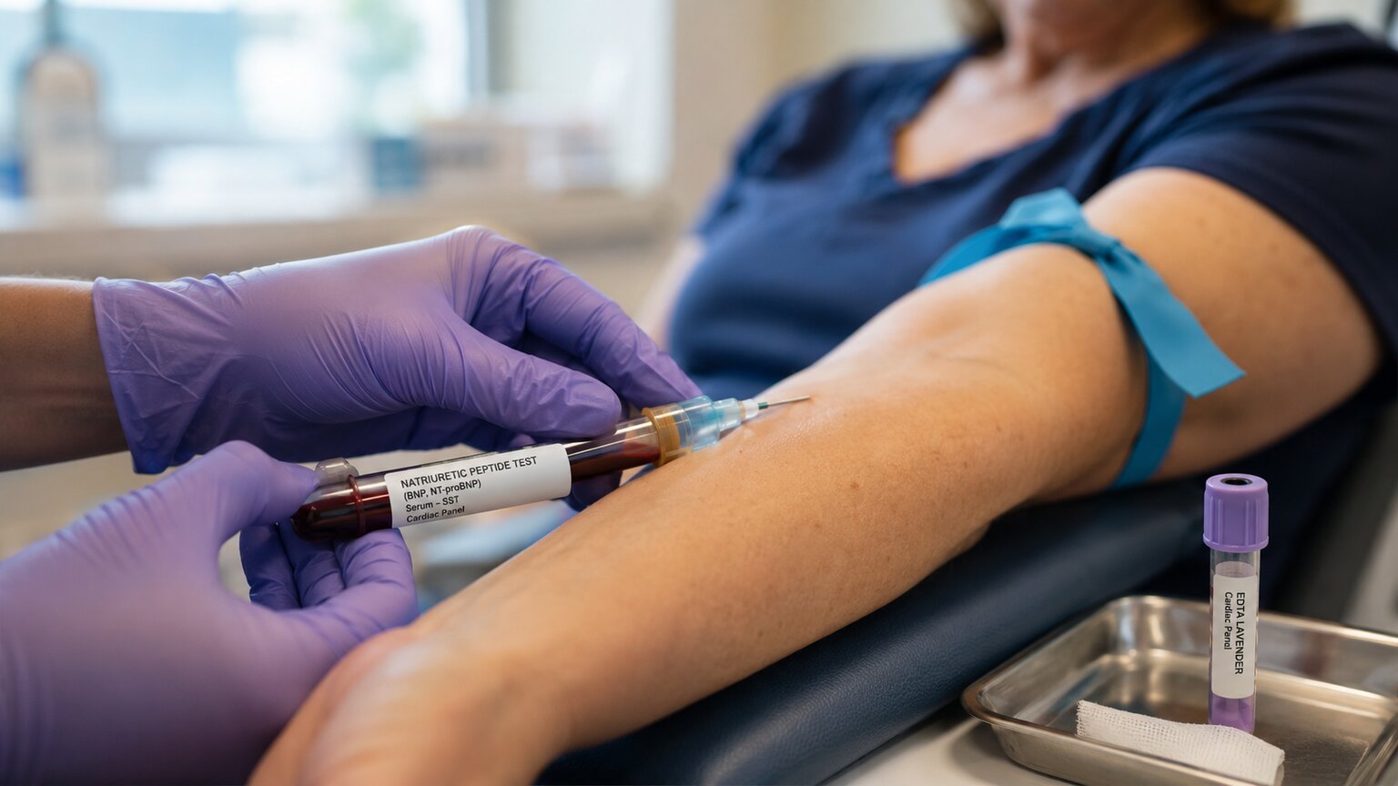 Phlebotomist drawing a blood sample into a labeled vial for a natriuretic peptide BNP laboratory test