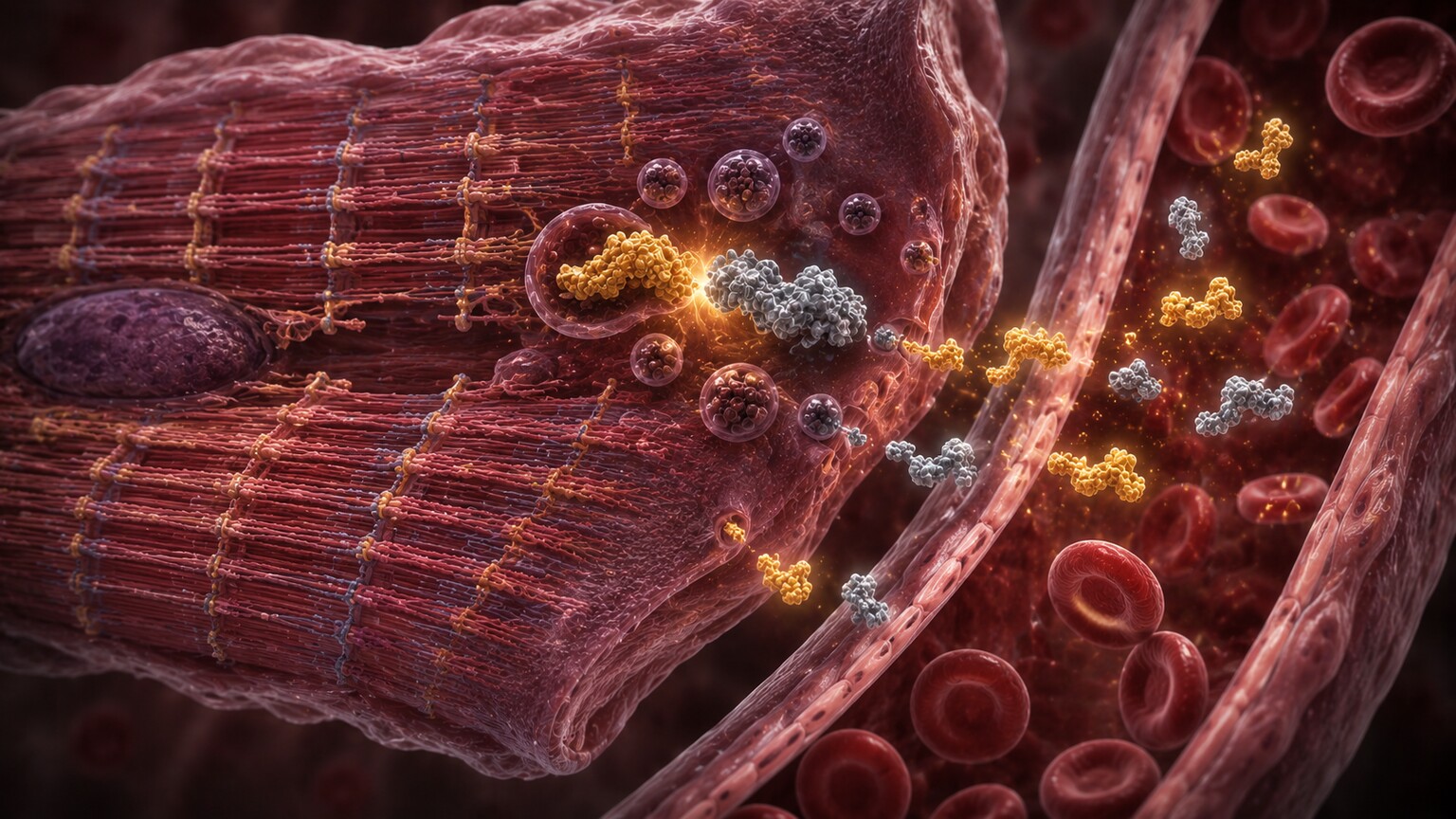Scientific illustration of a stretched heart muscle cell releasing B-type natriuretic peptide hormone into a capillary