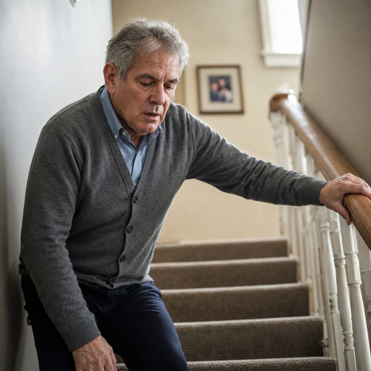 Person in their sixties pausing on an indoor staircase, gripping the railing while catching their breath