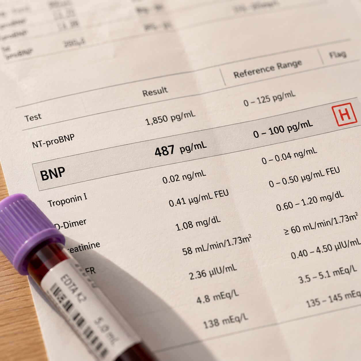 Close-up of a lab report showing a BNP result printed above its normal reference range, next to a blood collection tube