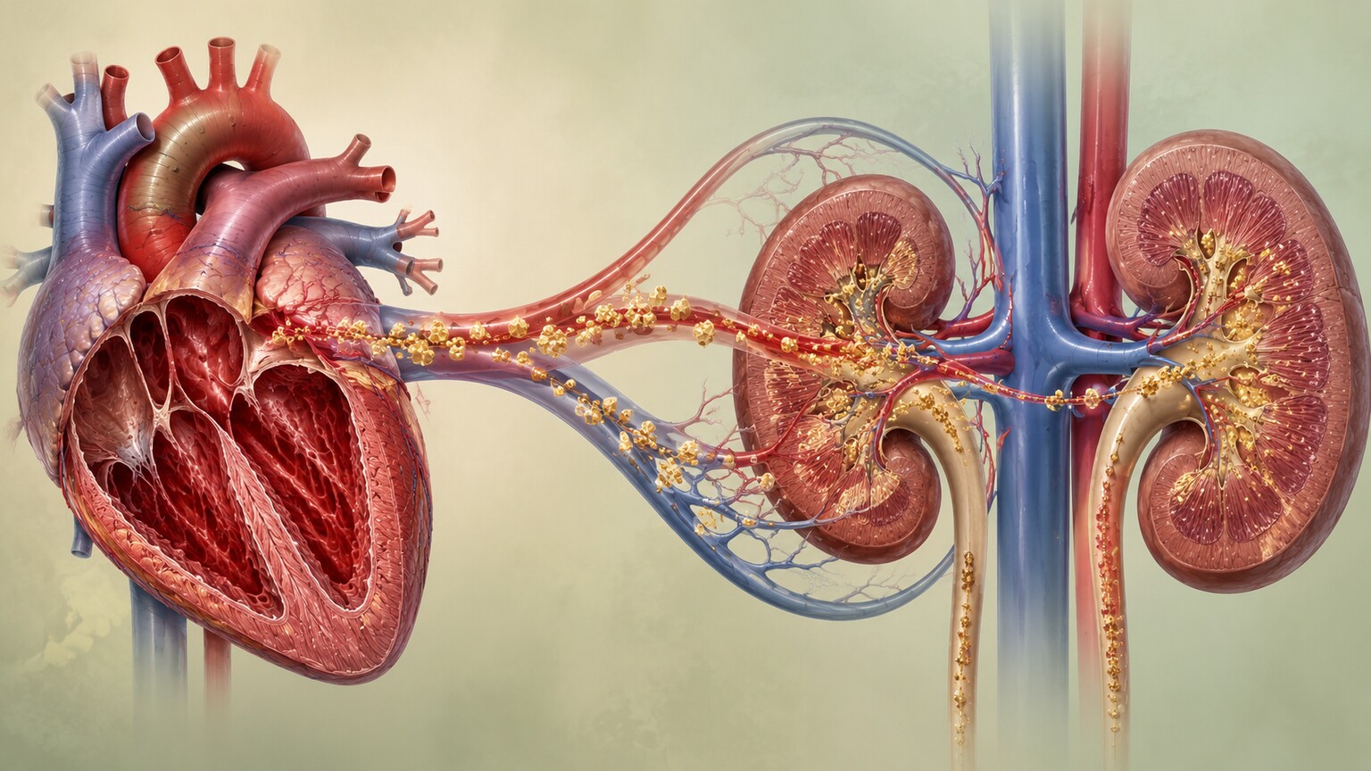 Scientific editorial illustration of the heart and kidneys connected by blood vessels, showing the shared cardiorenal relationship