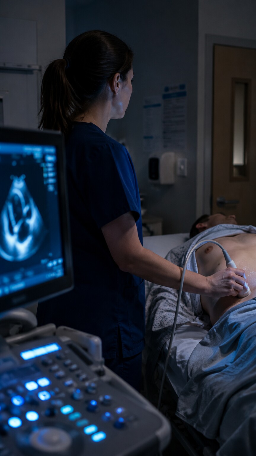 Sonographer holding an ultrasound probe against a patient's chest during an echocardiogram, viewing the heart on a nearby monitor