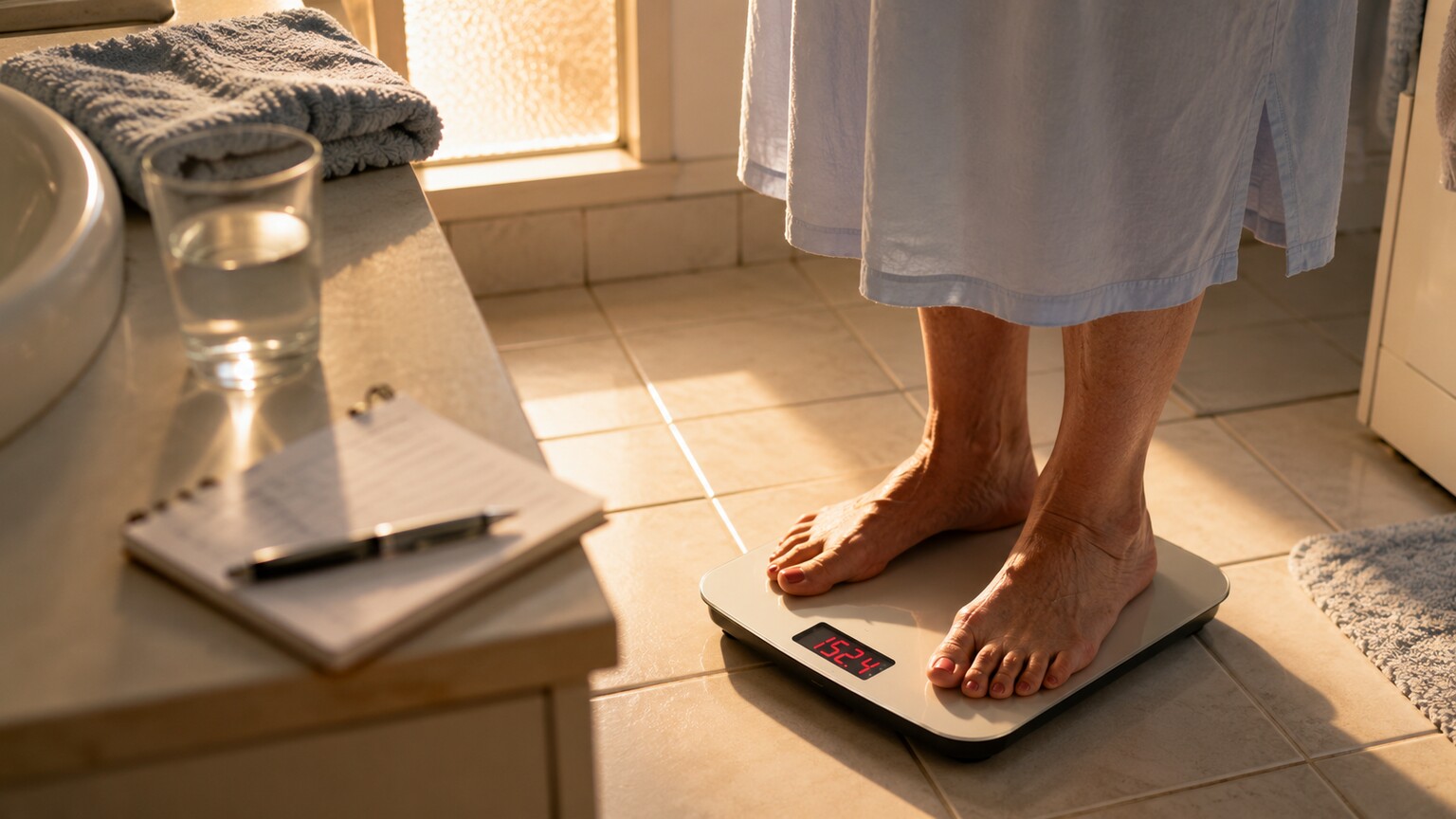 Person standing on a bathroom scale at home in the early morning, part of a daily fluid-monitoring routine for heart failure