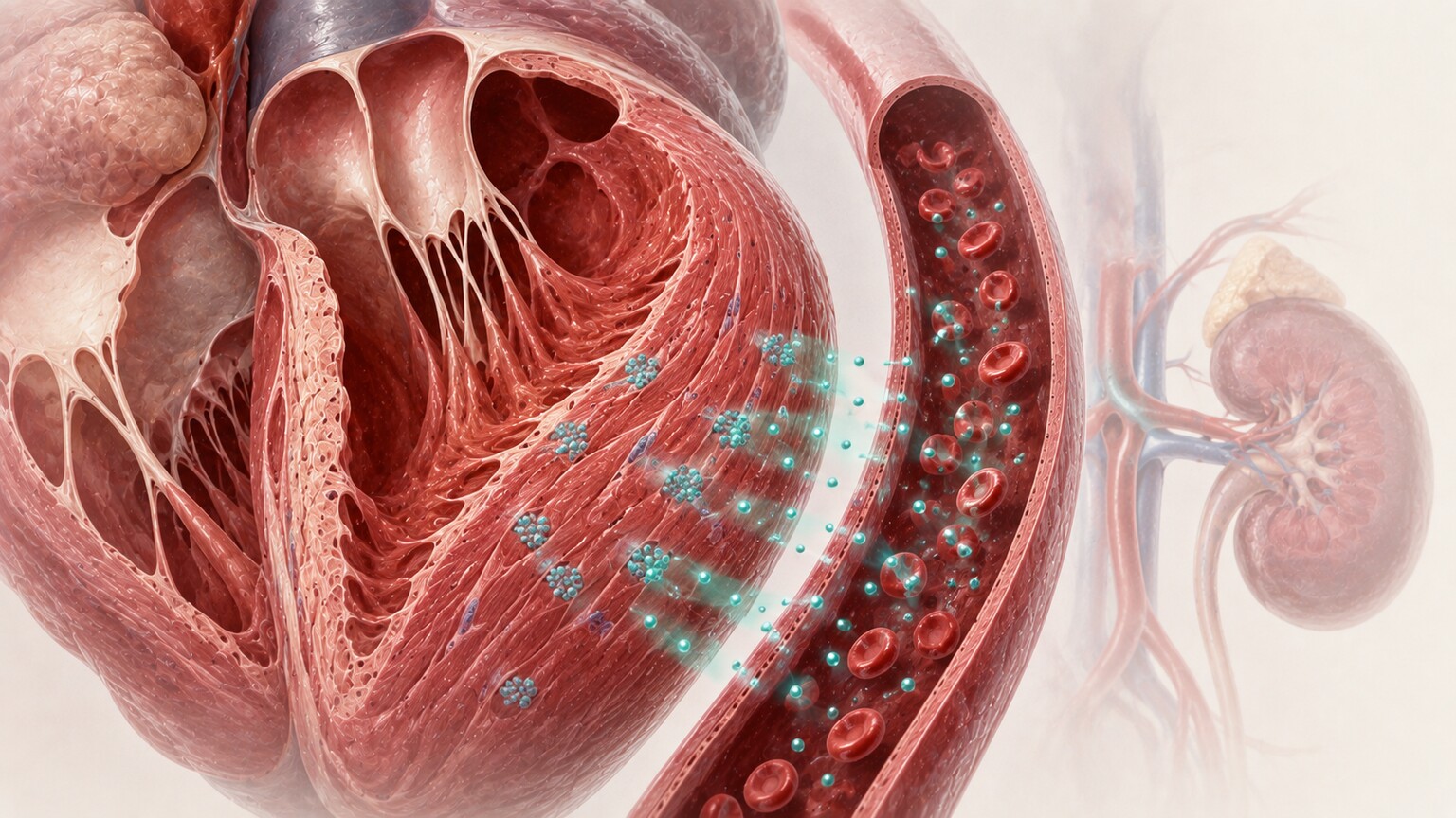 Scientific illustration of an overstretched heart ventricle wall releasing BNP hormone molecules into the bloodstream
