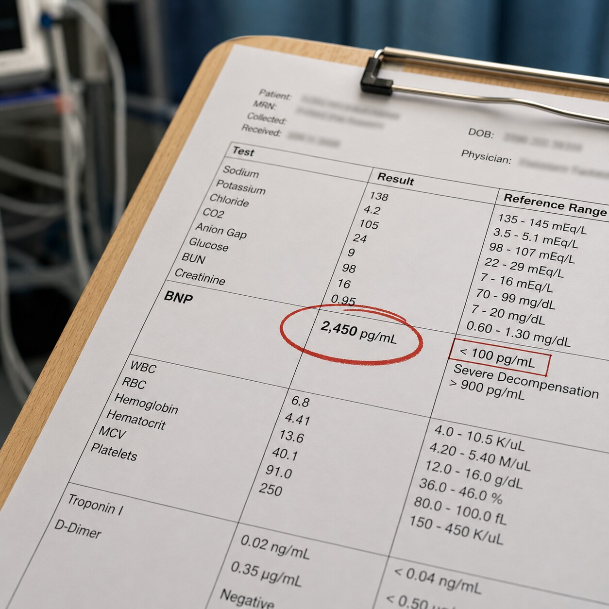 Close-up photo of a lab report showing a BNP result circled well above the severe decompensation reference threshold