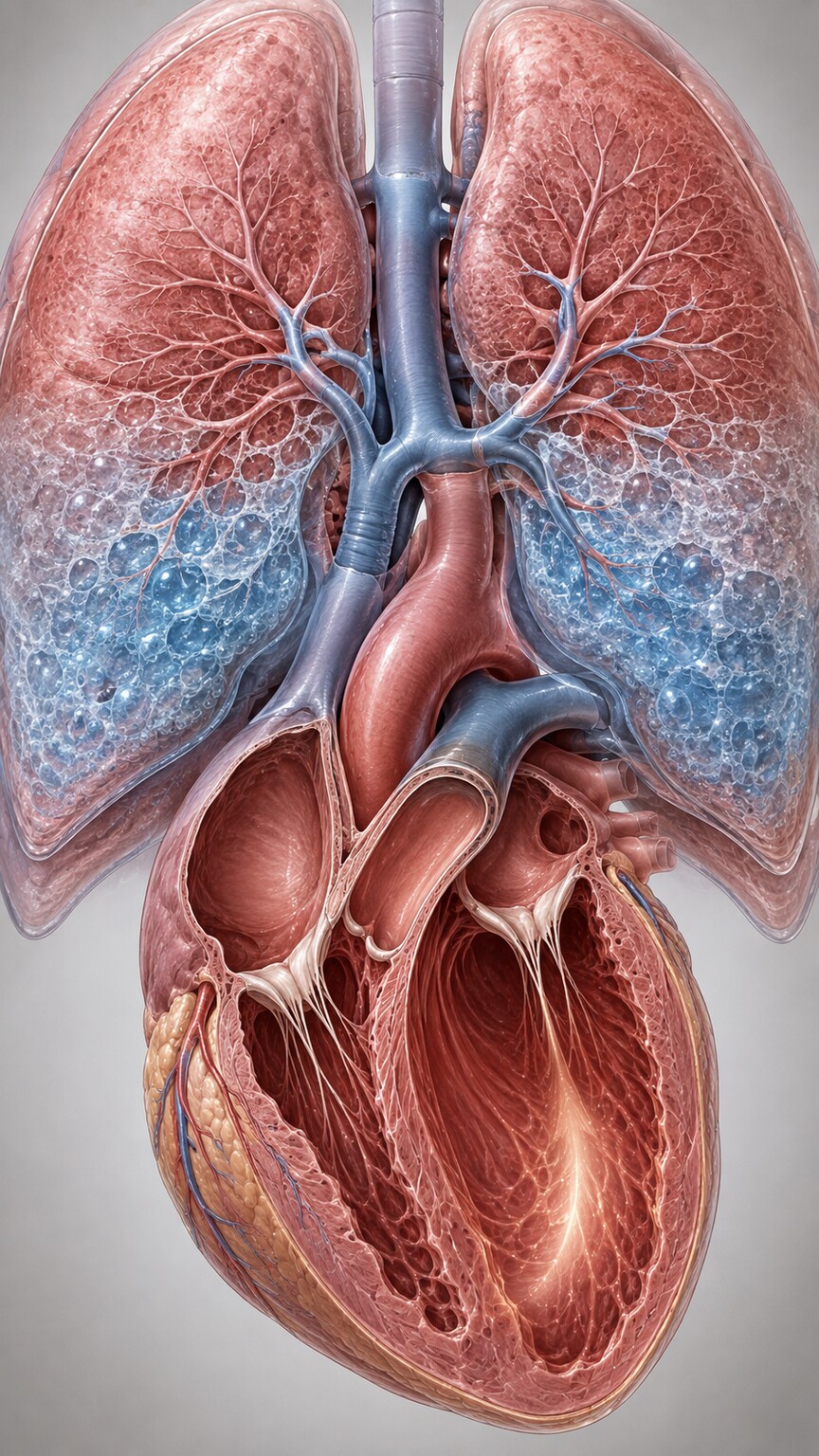 Anatomical cross-section illustration of a failing heart with fluid backing up into the lungs during acute decompensated heart failure