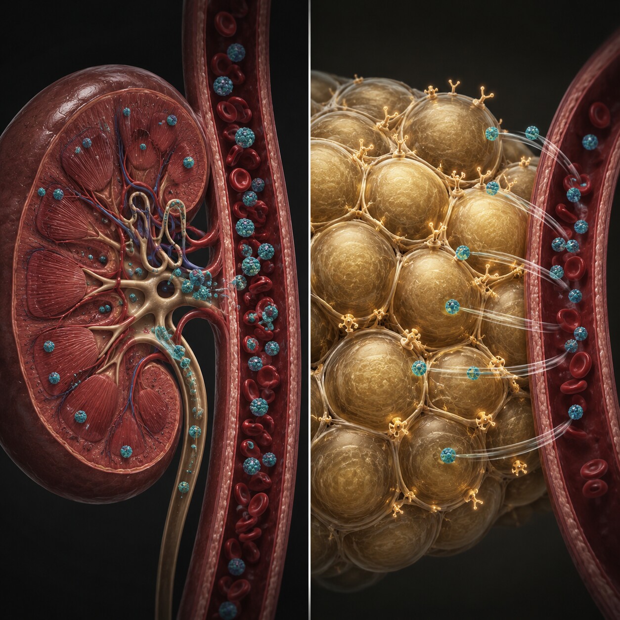 Split scientific illustration comparing reduced kidney clearance of BNP against increased BNP clearance by adipose tissue receptors