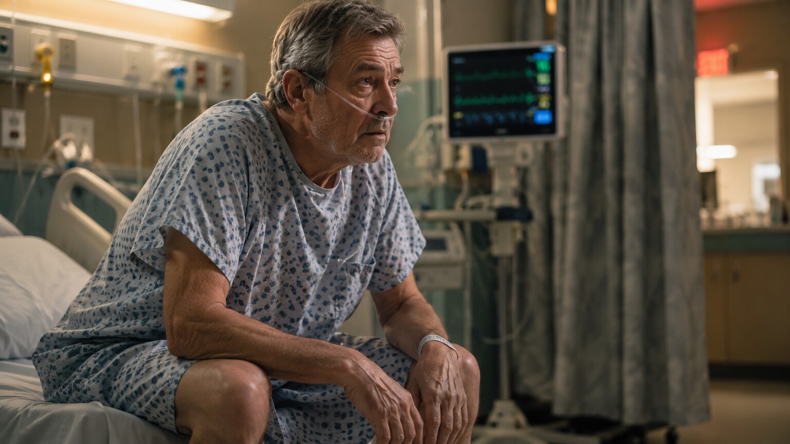 Photo of a patient sitting upright in an emergency room bed working to breathe comfortably while connected to a monitor