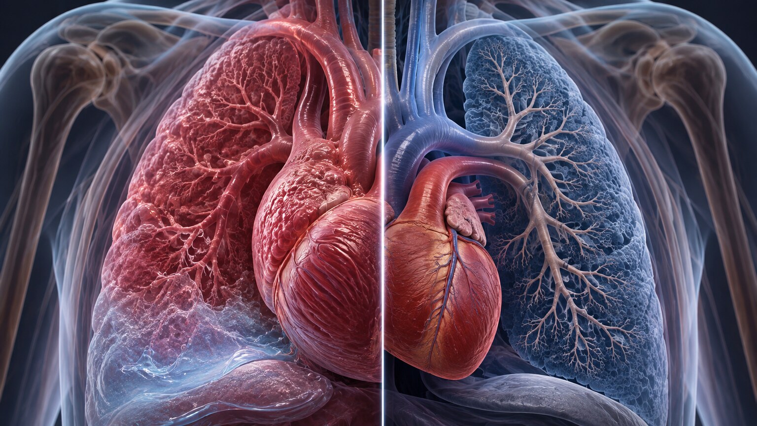 Split anatomical illustration comparing a fluid-congested heart and lungs on one side against healthy, clear lungs on the other