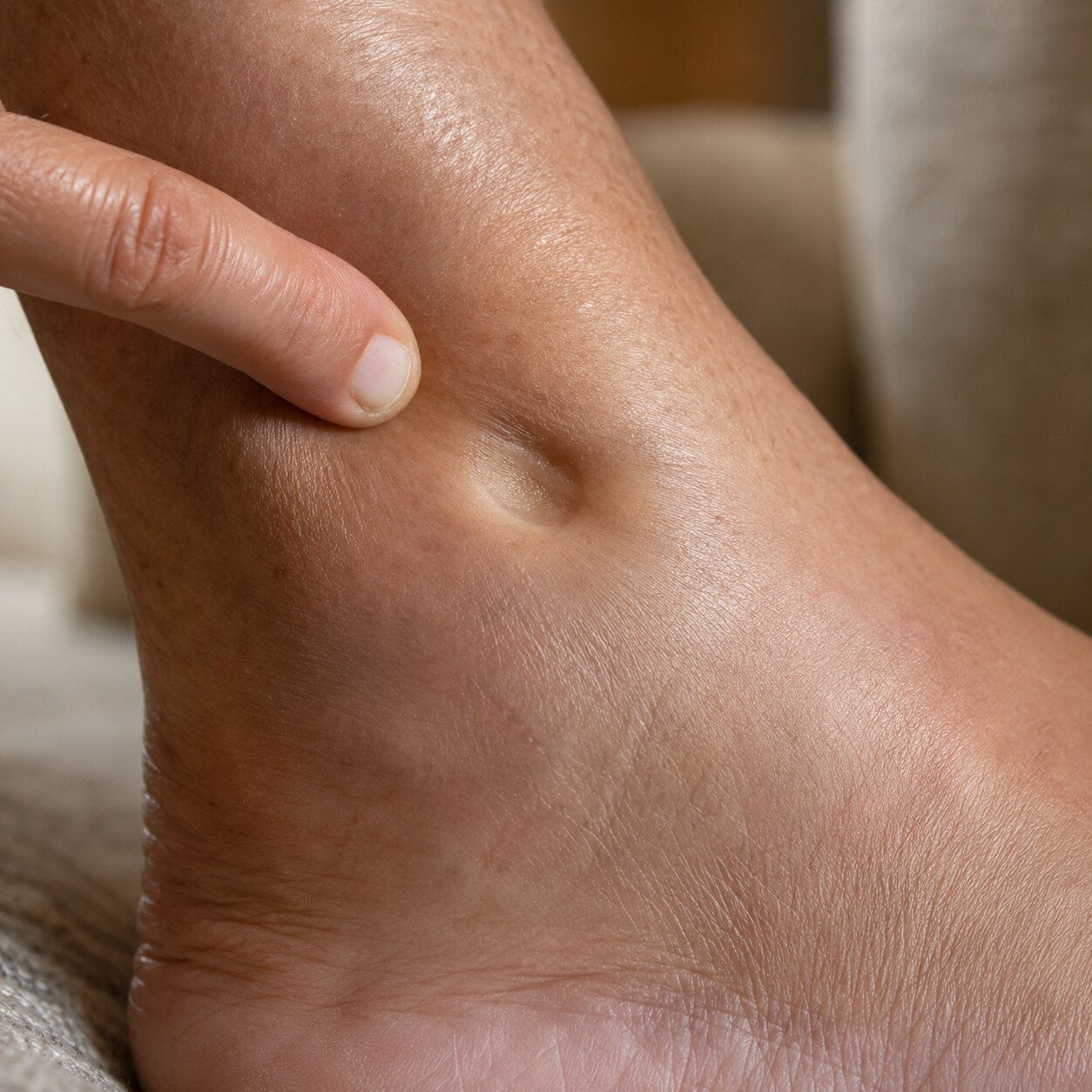 Close-up of a finger pressing into a visibly swollen ankle, leaving a temporary indentation consistent with fluid retention