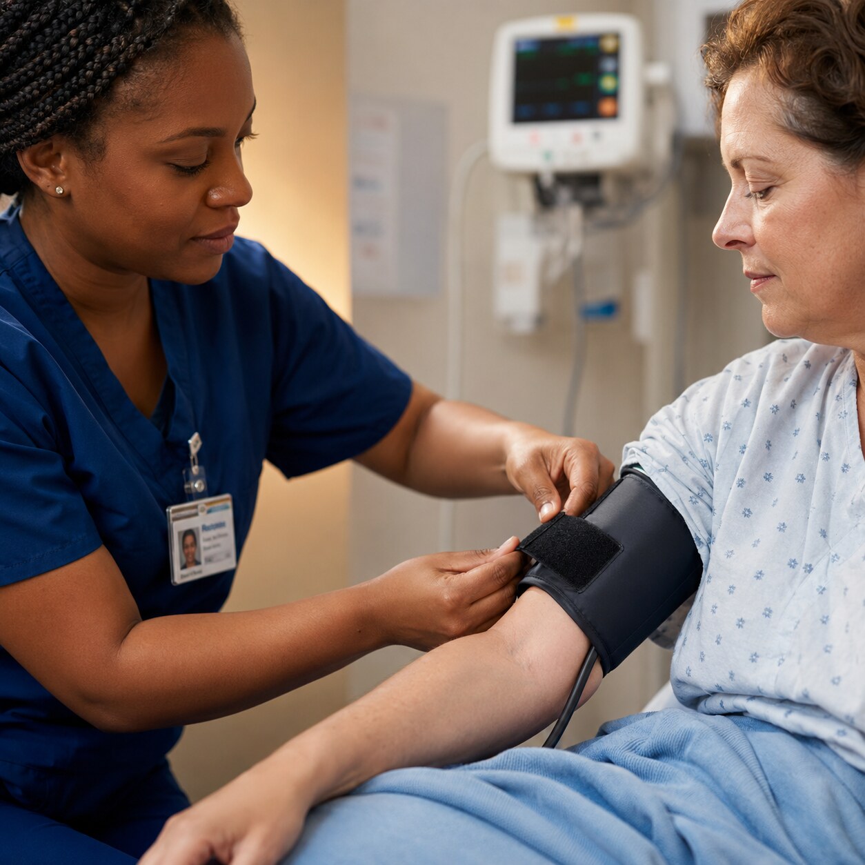 Nurse fastening a blood pressure cuff around a patient's arm in a pre-operative holding area before surgery