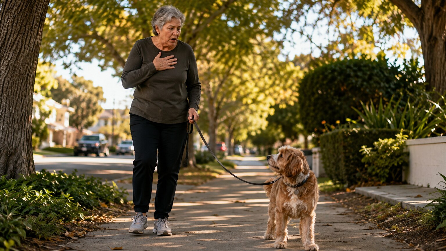 Person pausing mid-walk on a neighborhood sidewalk, visibly winded, while their dog waits on its leash beside them