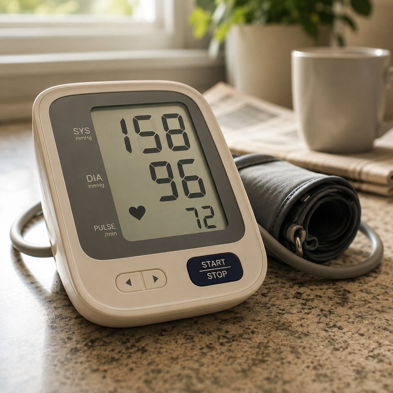 Home blood pressure monitor on a kitchen counter displaying an elevated systolic reading, representing an ongoing cardiovascular risk factor