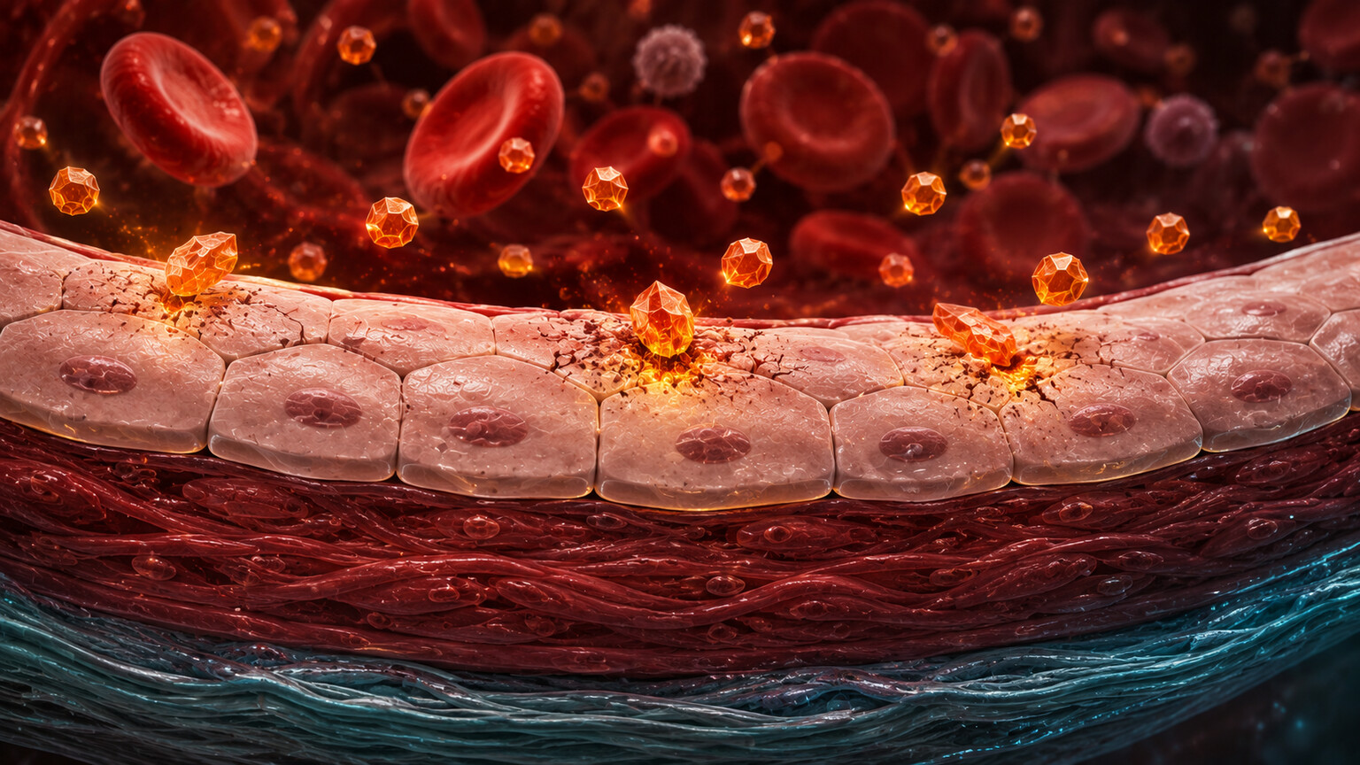 Scientific cross-section illustration of homocysteine molecules eroding the endothelial lining inside an artery wall