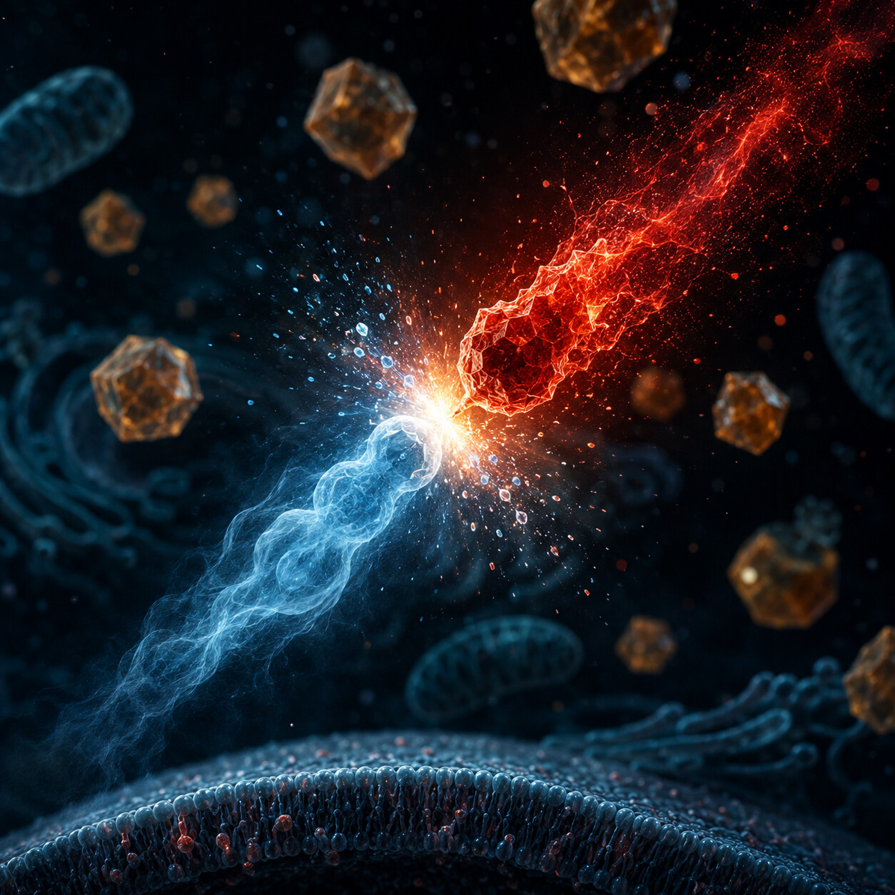 Molecular illustration of a homocysteine-generated superoxide radical neutralizing a nitric oxide molecule inside an endothelial cell