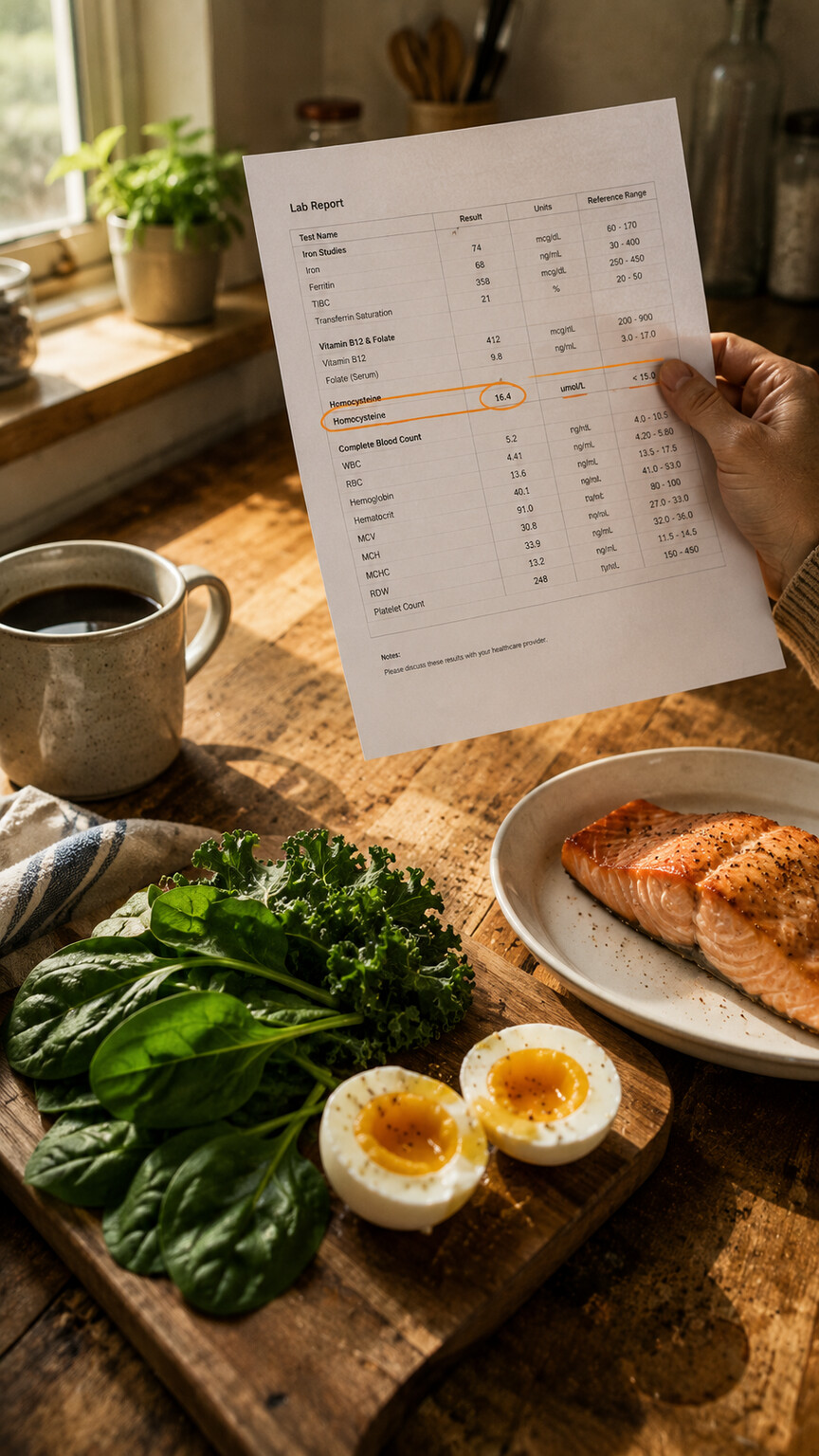 A hand holding a printed lab report with an elevated homocysteine value circled, resting beside a plate of leafy greens, eggs, and salmon on a kitchen counter
