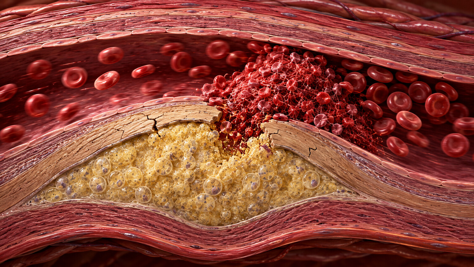 Cross-section medical illustration of an artery showing a ruptured atherosclerotic plaque with a blood clot forming over the injured site