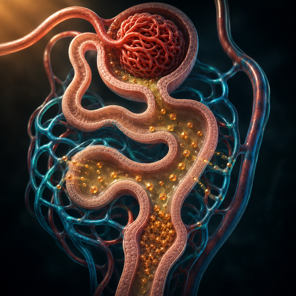 Scientific illustration of a kidney nephron struggling to filter and clear excess homocysteine from the bloodstream