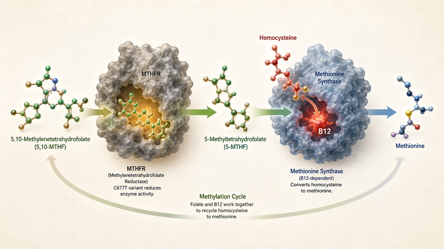 Scientific illustration of the folate methylation cycle showing the MTHFR enzyme converting folate and homocysteine being remethylated to methionine