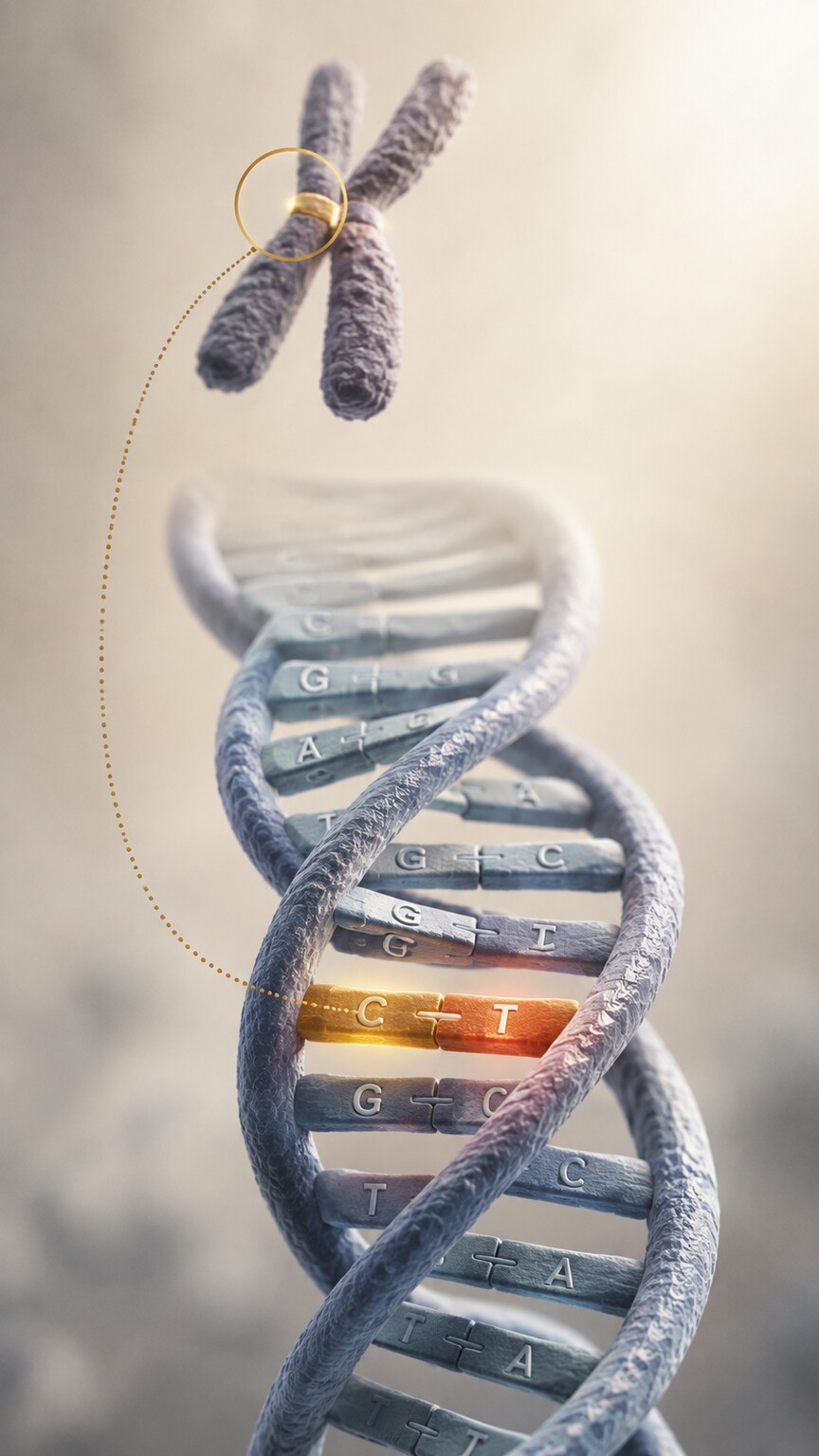 Scientific illustration of chromosome 1 zoomed into the MTHFR gene locus showing a single DNA base substitution