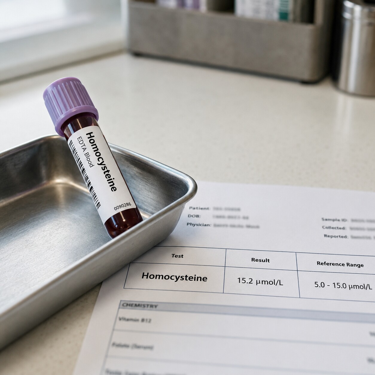 Close-up of a labeled blood collection vial resting beside a printed homocysteine lab report showing a result within the normal reference range