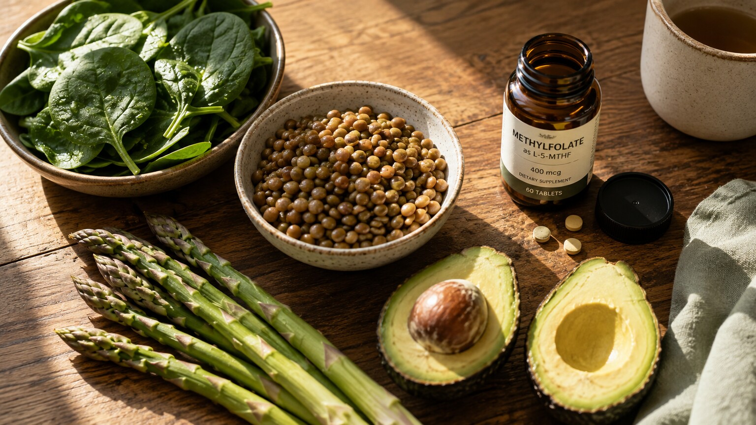 Overhead view of folate-rich foods including spinach, lentils, and avocado arranged on a kitchen table beside a small folate supplement bottle