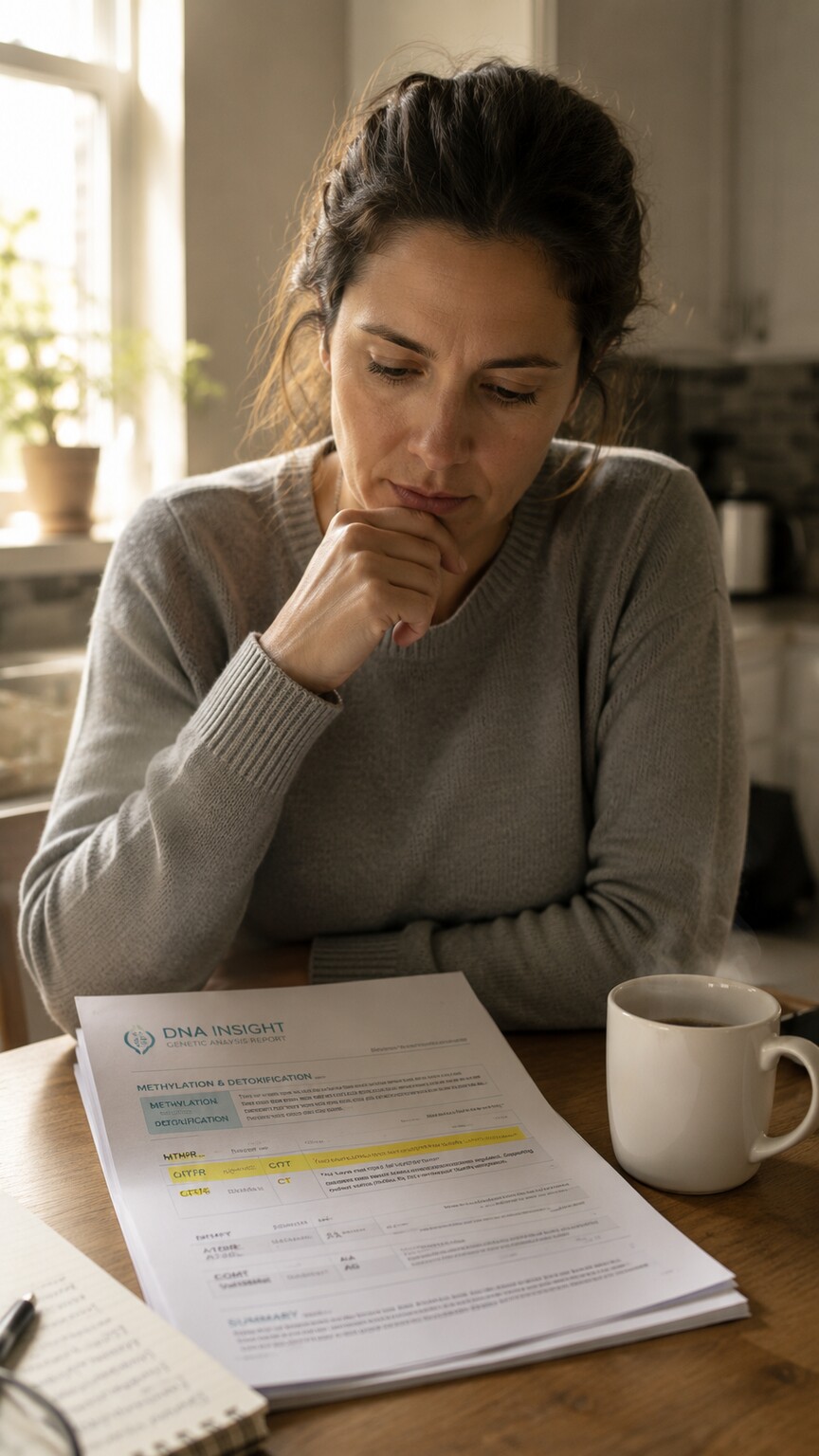 Woman in her thirties sitting at a kitchen table thoughtfully reviewing a printed genetic test report with a cup of coffee nearby