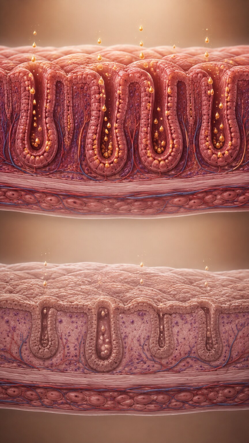 Illustration of thinning stomach lining tissue with reduced intrinsic factor production affecting vitamin B12 absorption