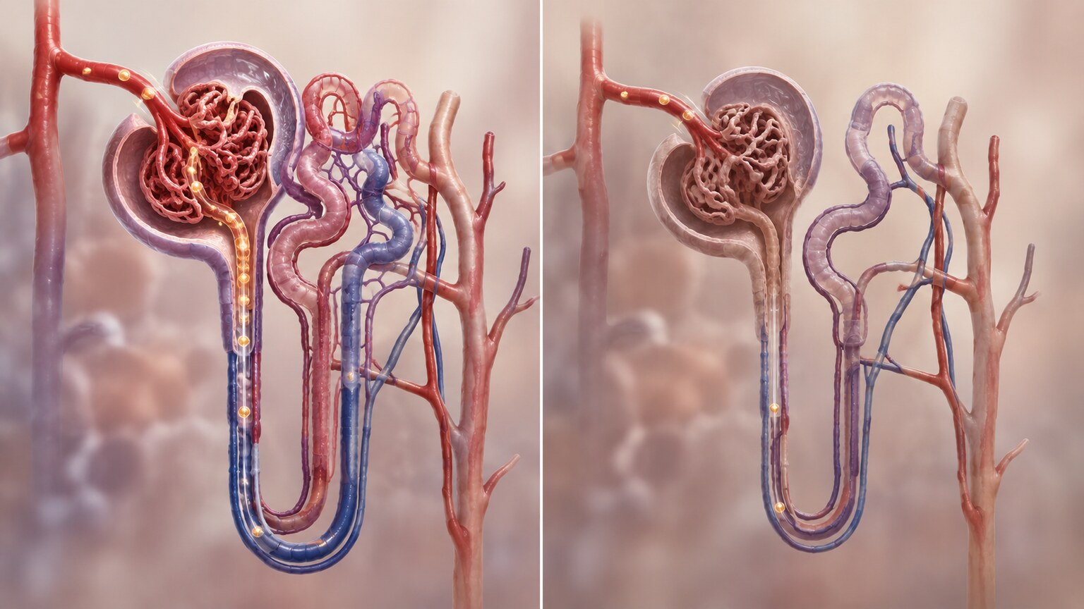 Illustration of an aging kidney nephron with reduced filtering capacity compared to a younger, fully functional nephron