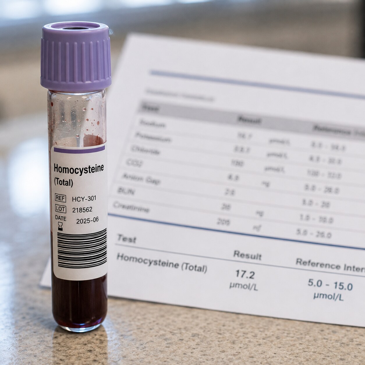 Close-up macro photograph of a labeled blood collection vial resting beside a printed homocysteine lab result