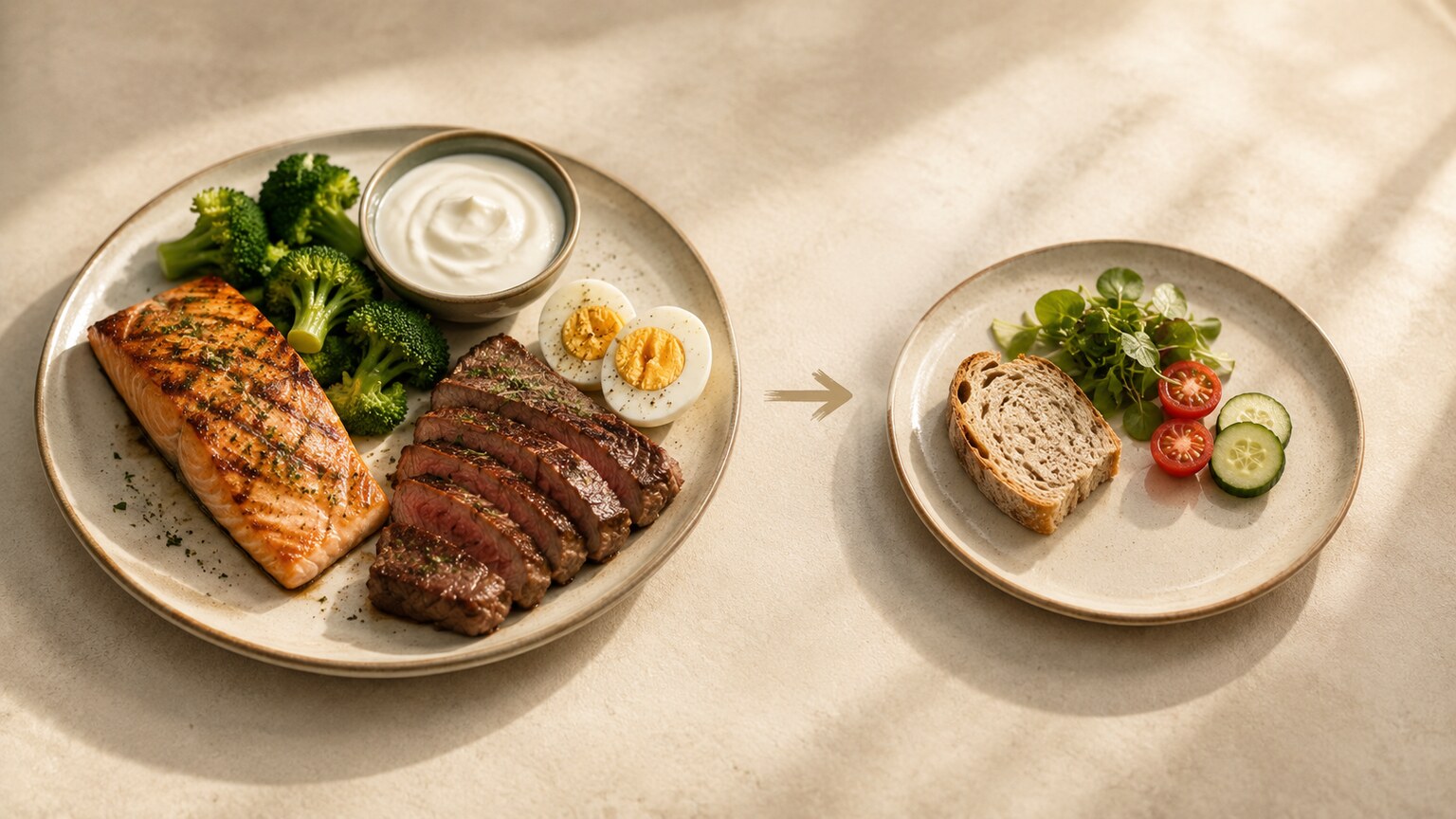 Illustration comparing a full varied plate of protein-rich foods against a smaller, less varied plate representing reduced dietary intake in older age