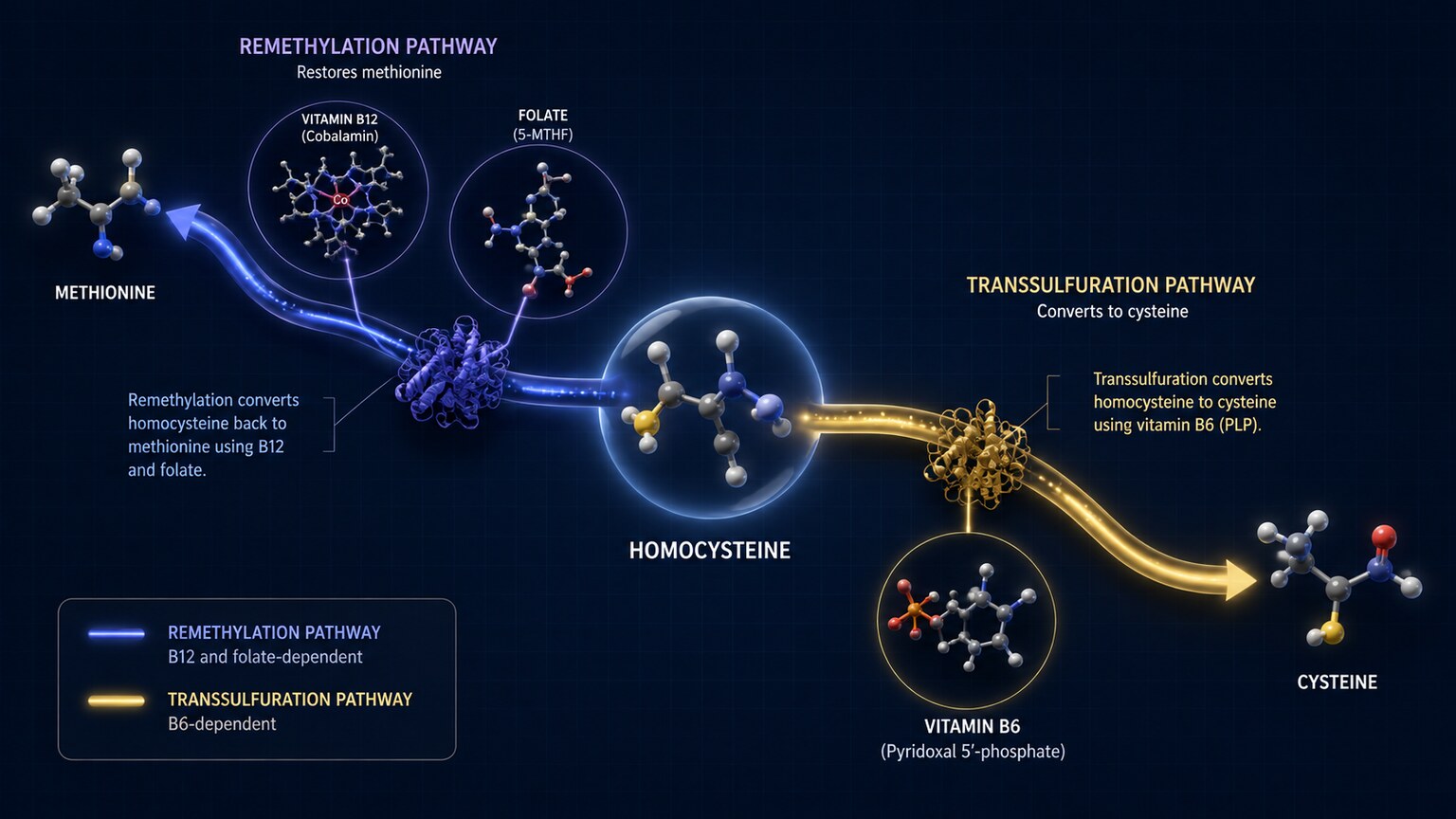 Scientific diagram showing homocysteine splitting into two separate clearance routes, one using B12 and folate and one using vitamin B6