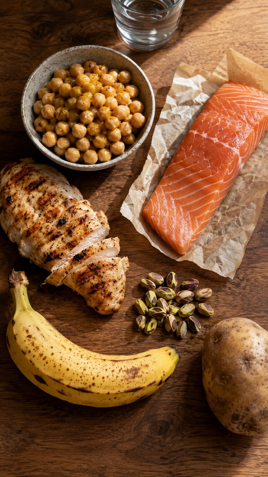 Overhead photo of vitamin B6-rich foods including chickpeas, salmon, chicken breast, and a banana arranged on a countertop