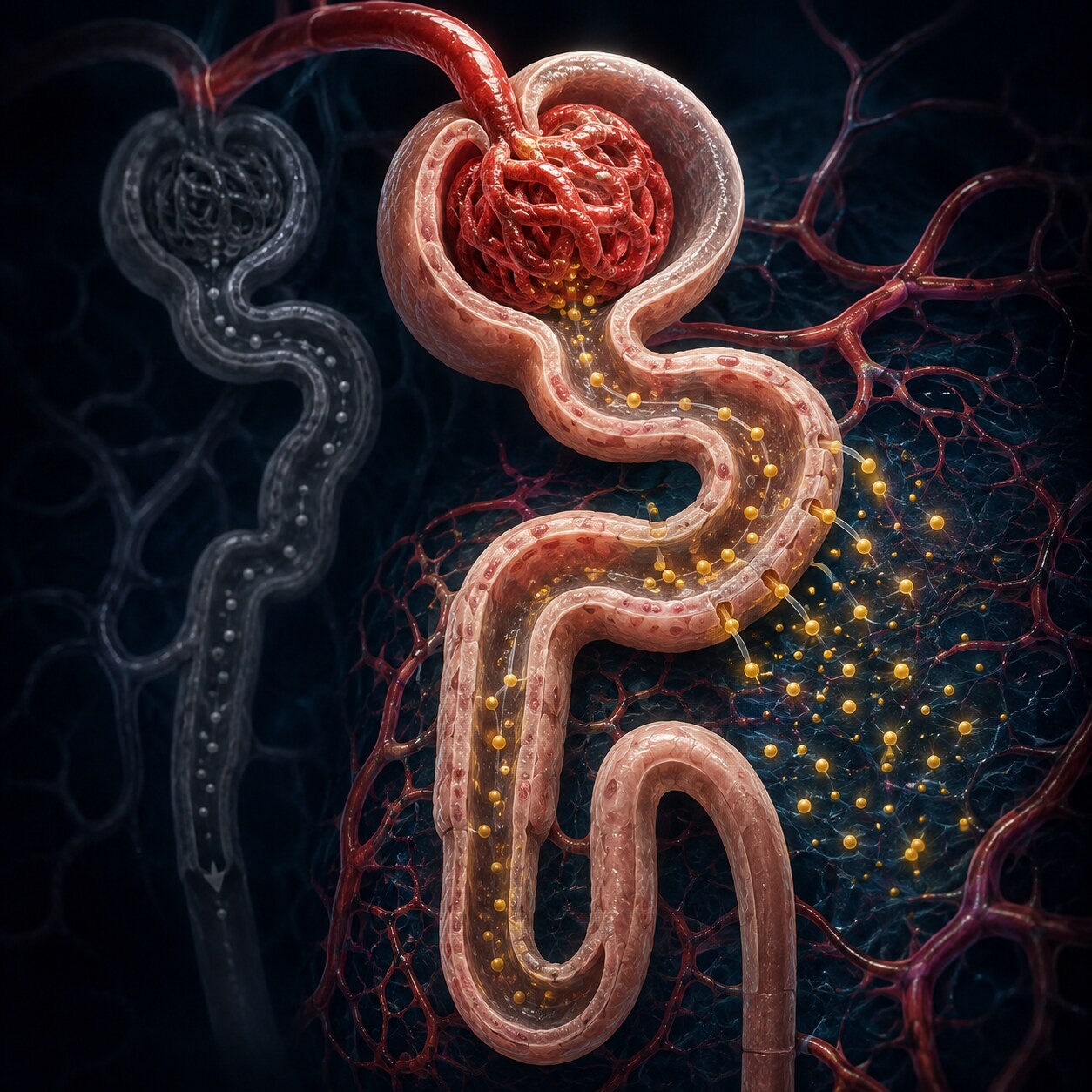 Cross-section illustration of a kidney nephron showing reduced filtration slowing the clearance of homocysteine from the blood