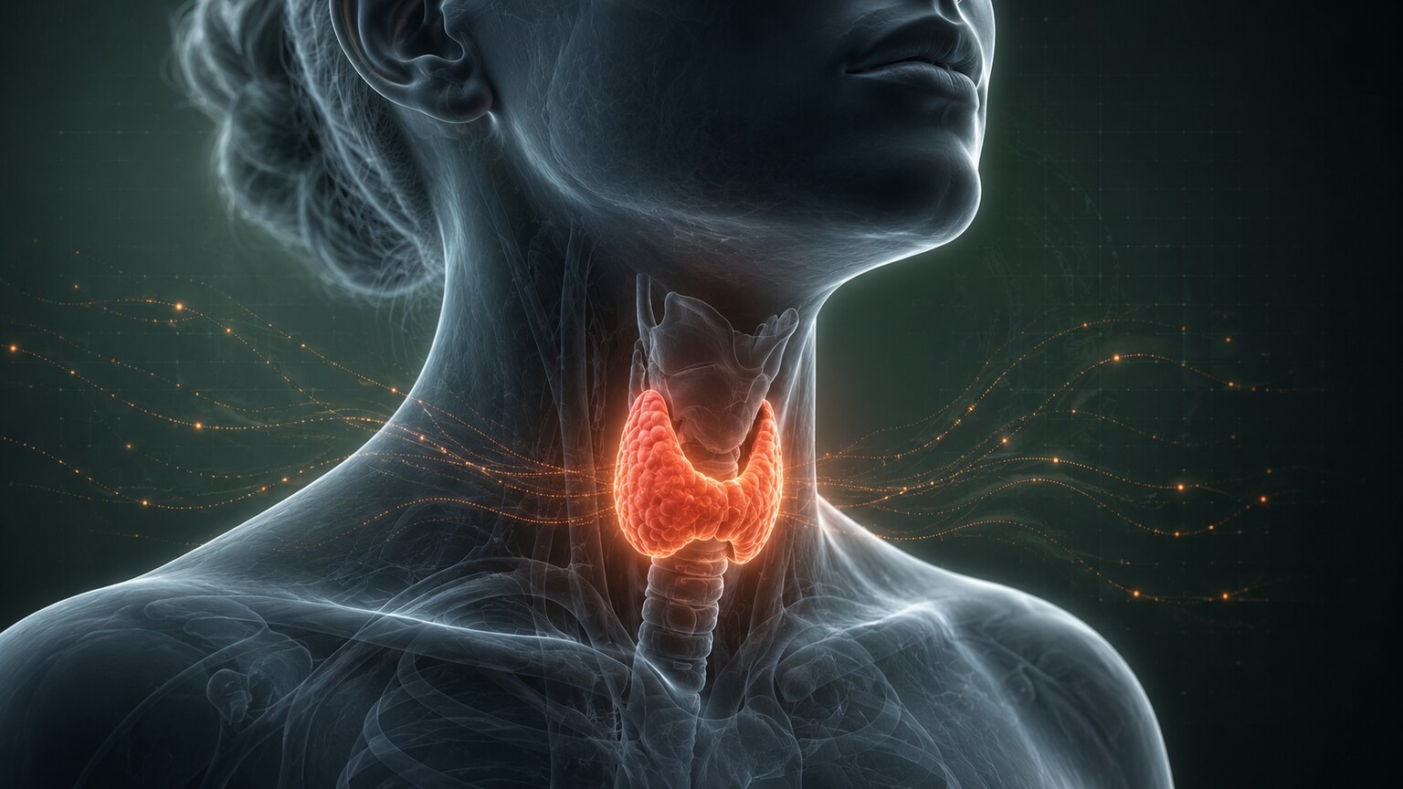 Scientific illustration of the butterfly-shaped thyroid gland in the neck with visual cues representing slowed cellular metabolic rate