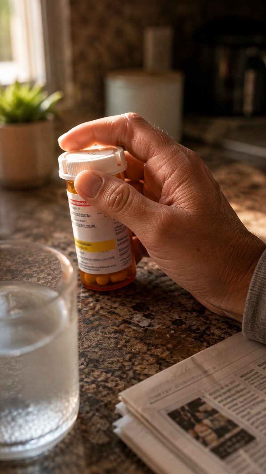 Close-up of a person's hand holding a prescription pill bottle on a kitchen counter beside a glass of water in morning light