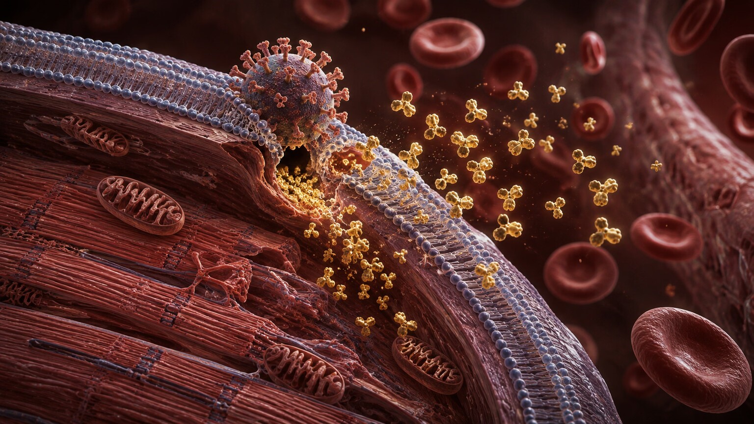 Scientific illustration of a virus particle breaching a cardiac muscle cell membrane and releasing troponin