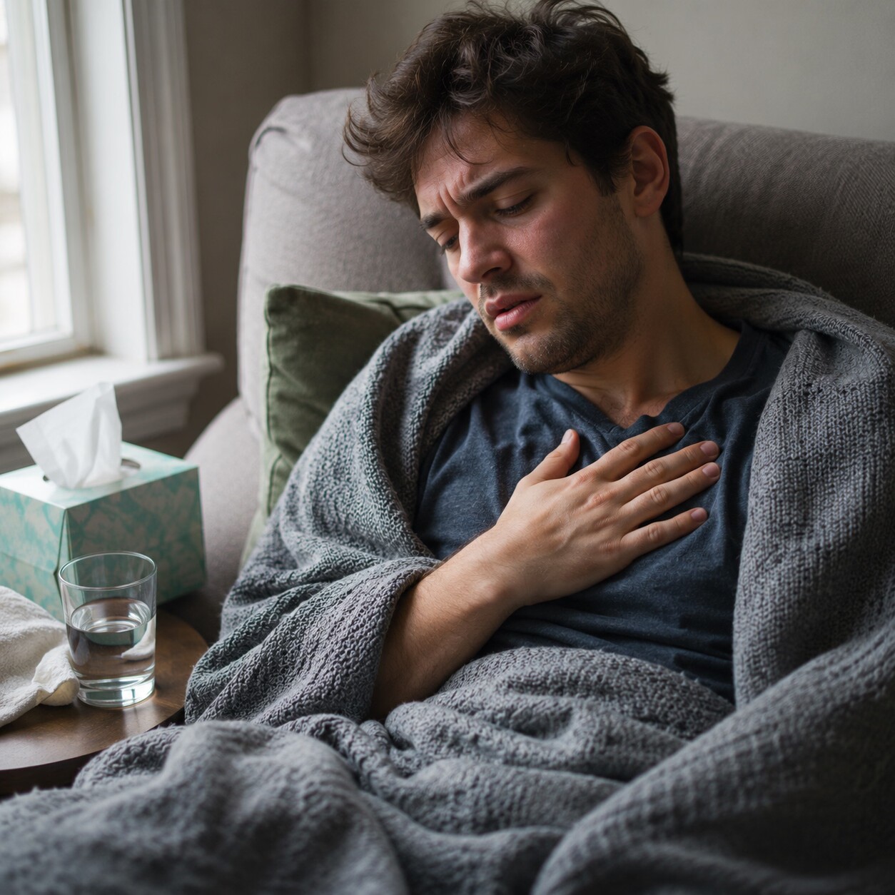 Person with flu symptoms resting on a couch under a blanket with a hand pressed against their chest