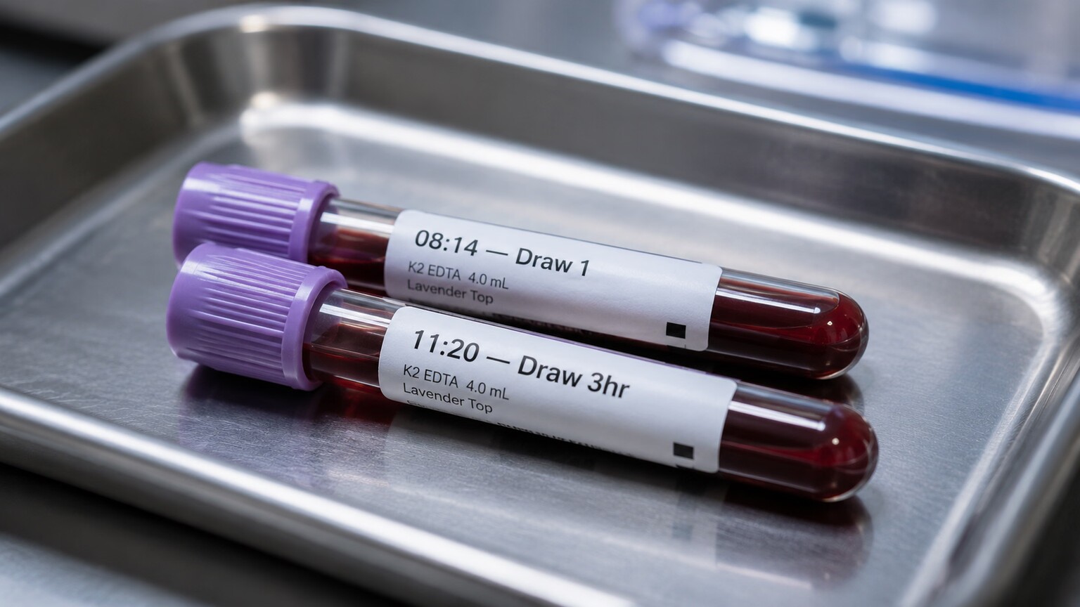 Two labeled blood draw tubes marked with different collection times used for serial troponin testing
