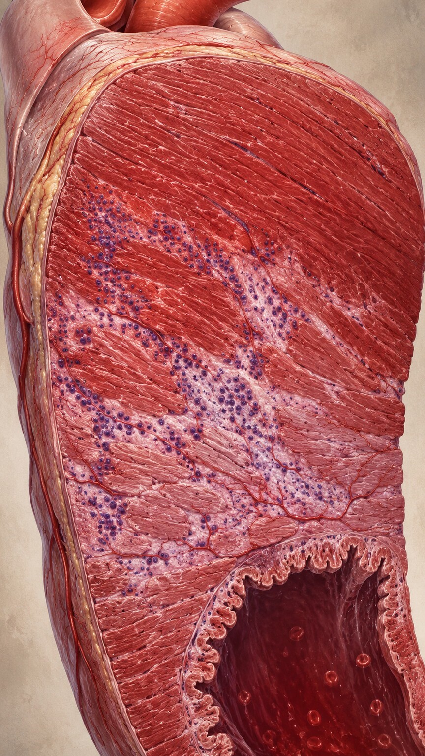 Medical cross-section illustration of inflamed heart muscle tissue affected by viral myocarditis