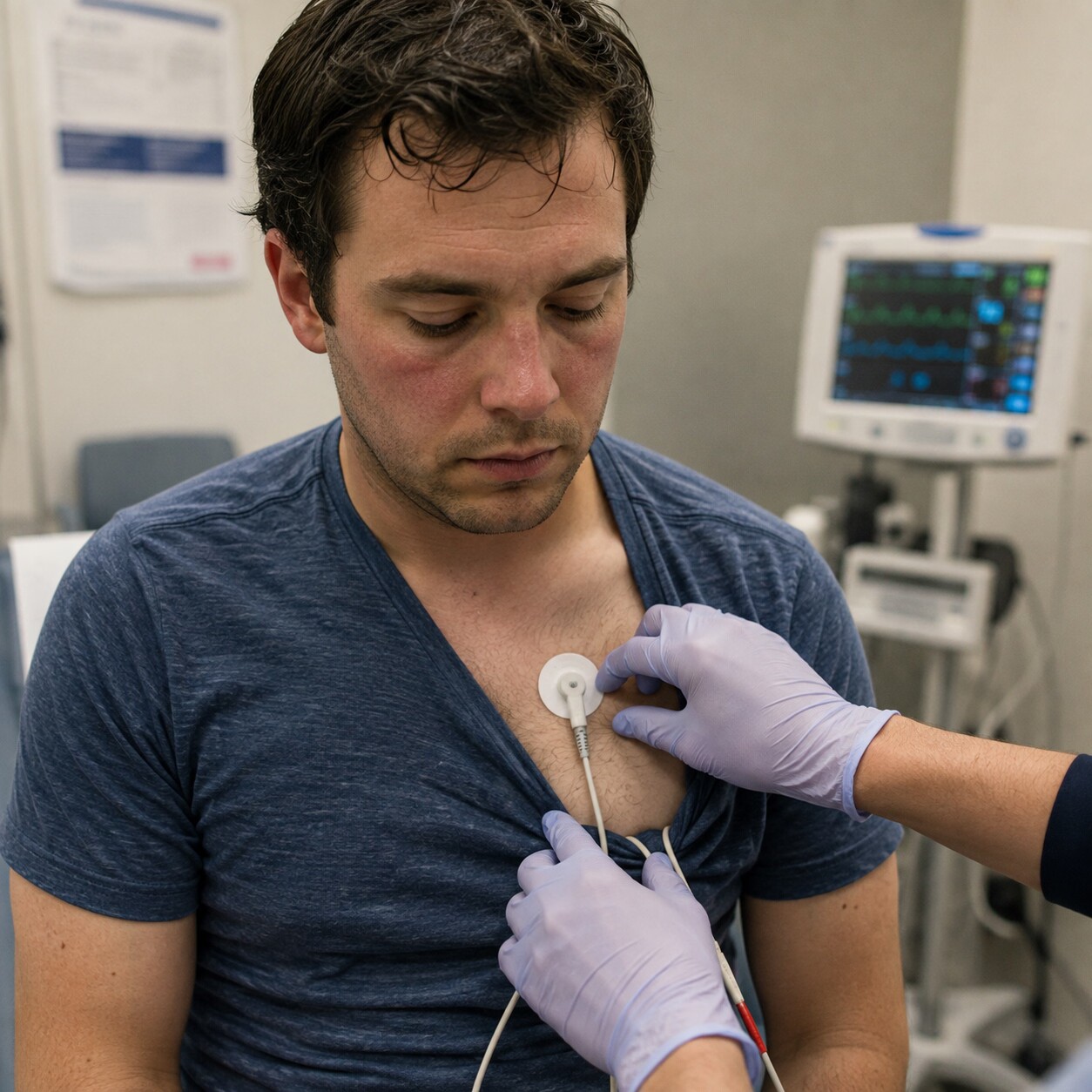 Patient having electrocardiogram leads placed on their chest at an urgent care clinic while unwell