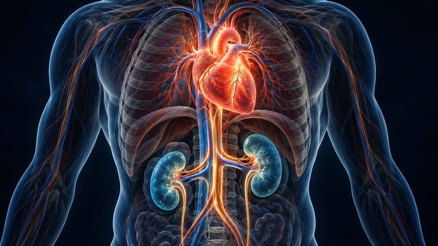 Scientific illustration showing a direct anatomical and physiological connection between the kidneys and the heart
