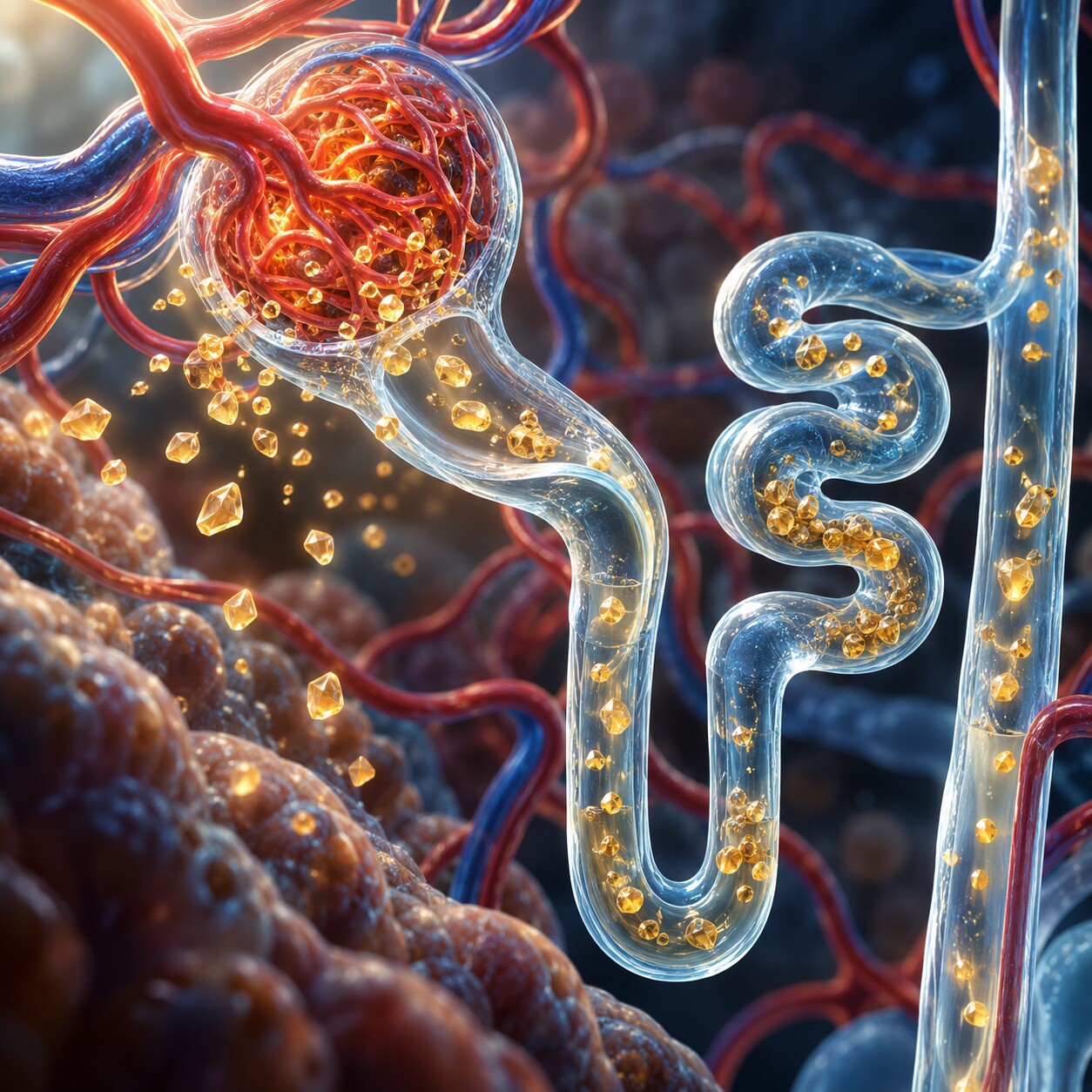 Detailed scientific illustration of a kidney nephron filtering small protein fragments out of the bloodstream