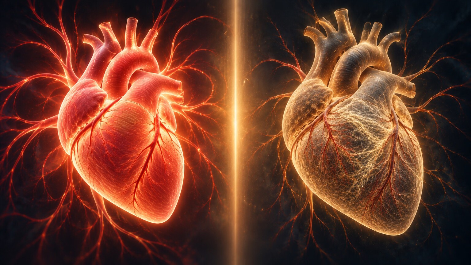 Cross-section illustration comparing a normal heart muscle wall to a thickened, fibrotic heart muscle wall seen in long-standing kidney disease